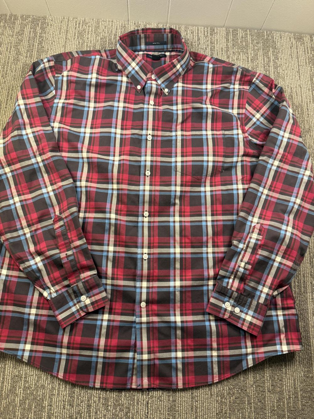Lands' End Shirt Mens XL Red Plaid Long Sleeve Button Down Non-Iron Twill Casual
